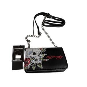 NWT Ed Hardy Mini Flap Crossbody Bag With Black Skull Rose Rhinestones